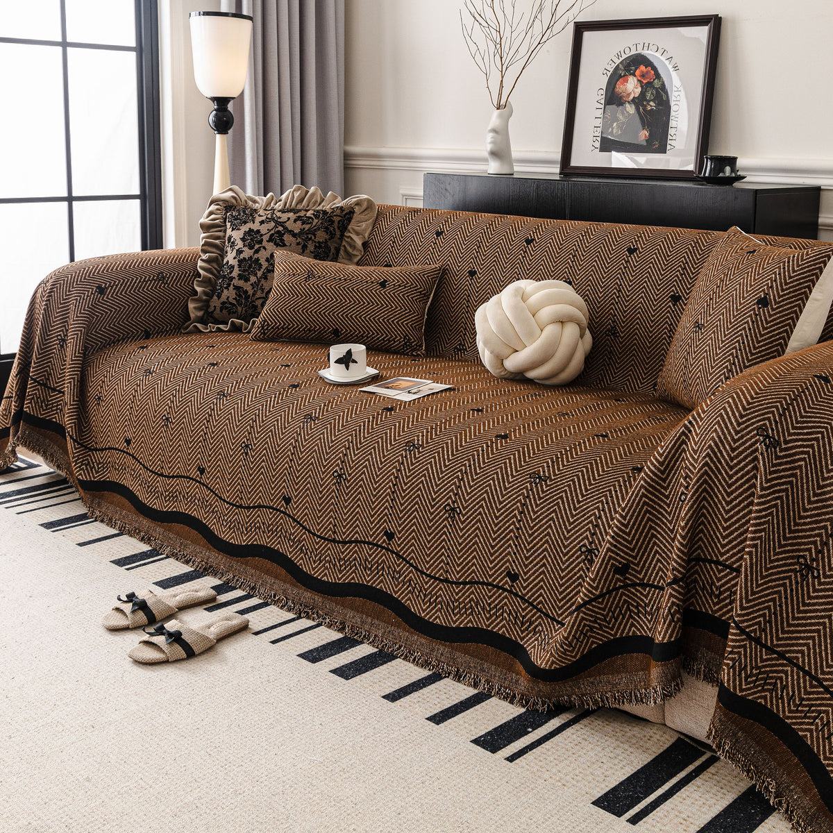 Khaki herringbone chenille sofa cover color option