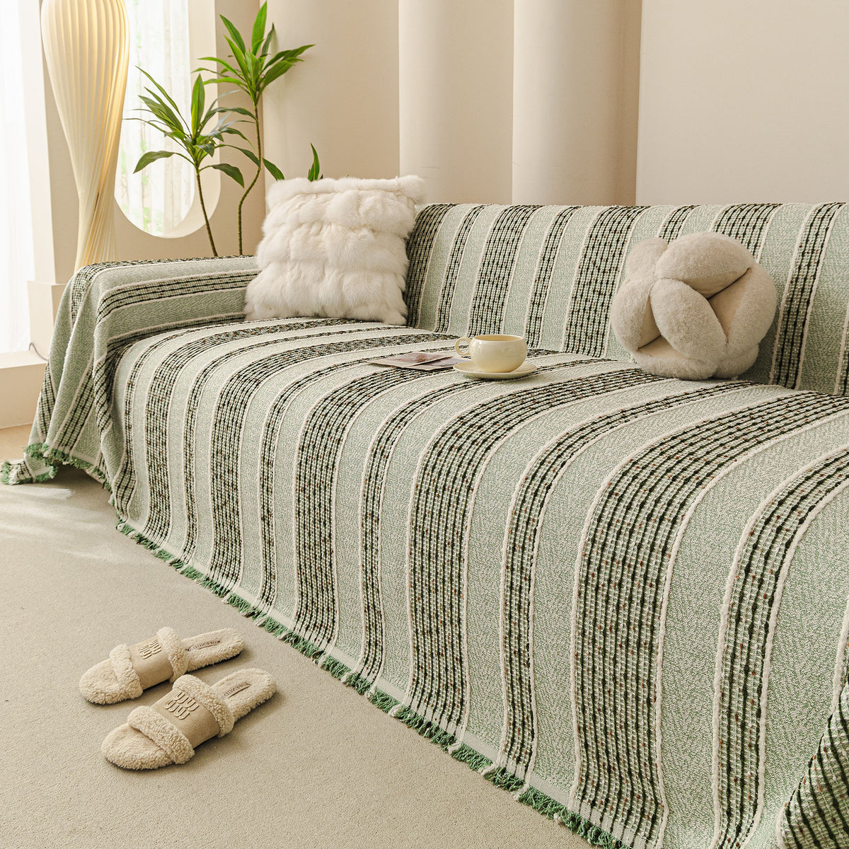 Textured Striped Sofa Throw Cover, Soft Woven Couch Protector with Fringe Edges