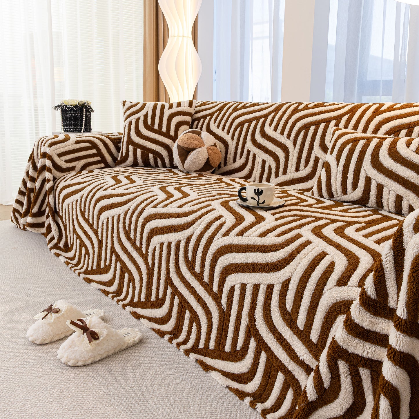 Plush Sherpa Sofa Throw Cover for Sectional, Jacquard Wave Throw Furniture Protector