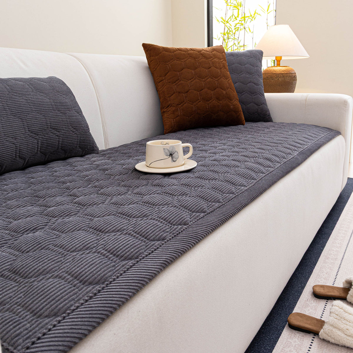 Geometric Quilted Corduroy Couch Topper, Non-Slip Padded Sofa Protector Cover for Pets