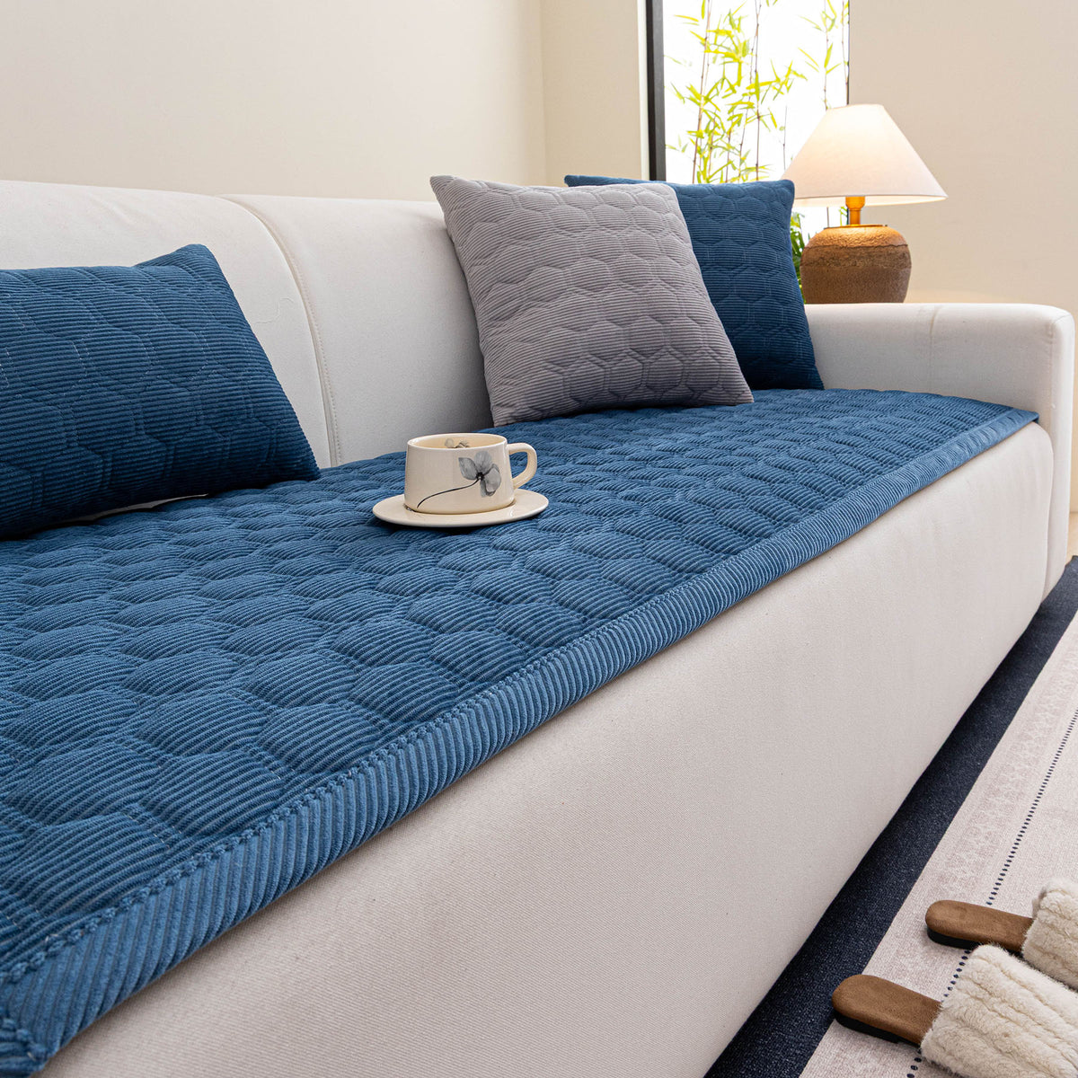 Geometric Quilted Corduroy Couch Topper, Non-Slip Padded Sofa Protector Cover for Pets