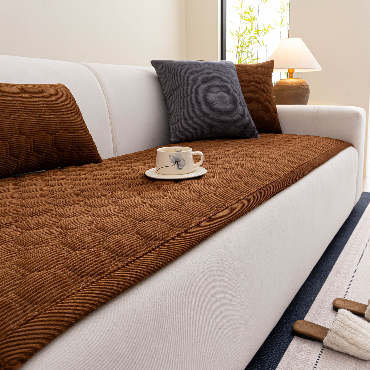 Geometric Quilted Corduroy Couch Topper, Non-Slip Padded Sofa Protector Cover for Pets