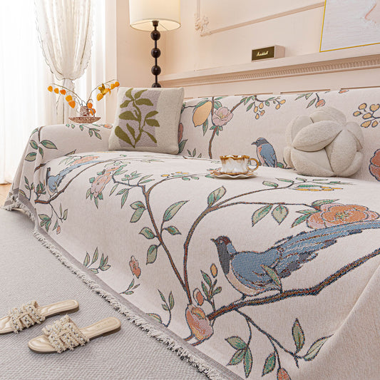 Farmhouse Chenille Sofa Throw Cover, Botanical Bird & Floral Jacquard Couch Protector