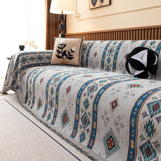 Southwestern Boho Woven Tribal Sofa Cover Blanket, Rustic Farmhouse Couch Throw Cover