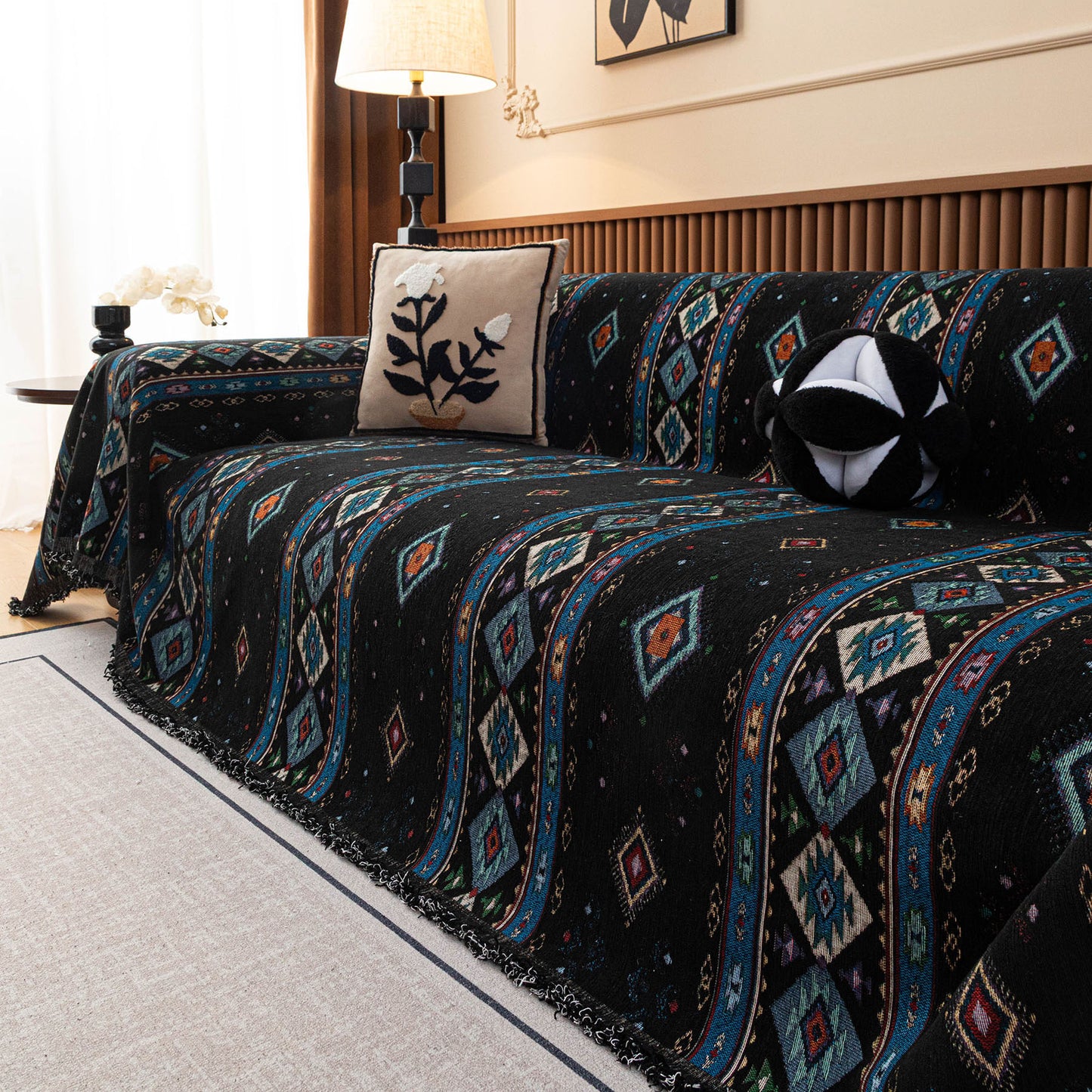 Southwestern Boho Woven Tribal Sofa Cover Blanket, Rustic Farmhouse Couch Throw Cover