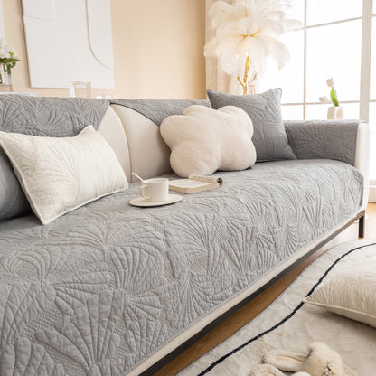 Embossed Leaf Cotton Quilted Sofa Cover Non-Slip Couch Protector with Thick Padding