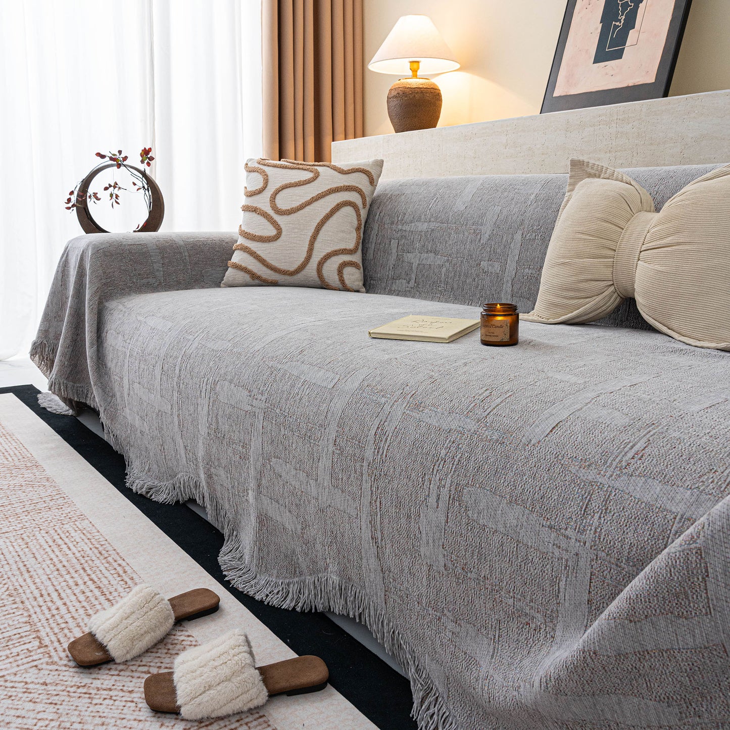 Chenille Sofa Cover Throw Blanket, Woven Textured Minimalist Wabi-Sabi Couch Cover