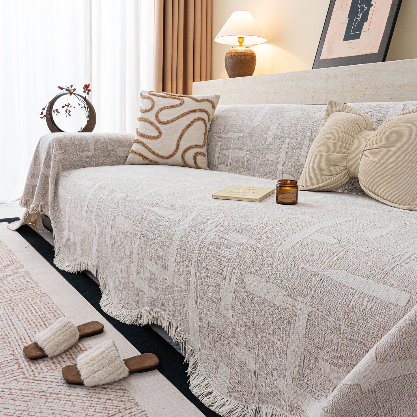Chenille Sofa Cover Throw Blanket, Woven Textured Minimalist Wabi-Sabi Couch Cover