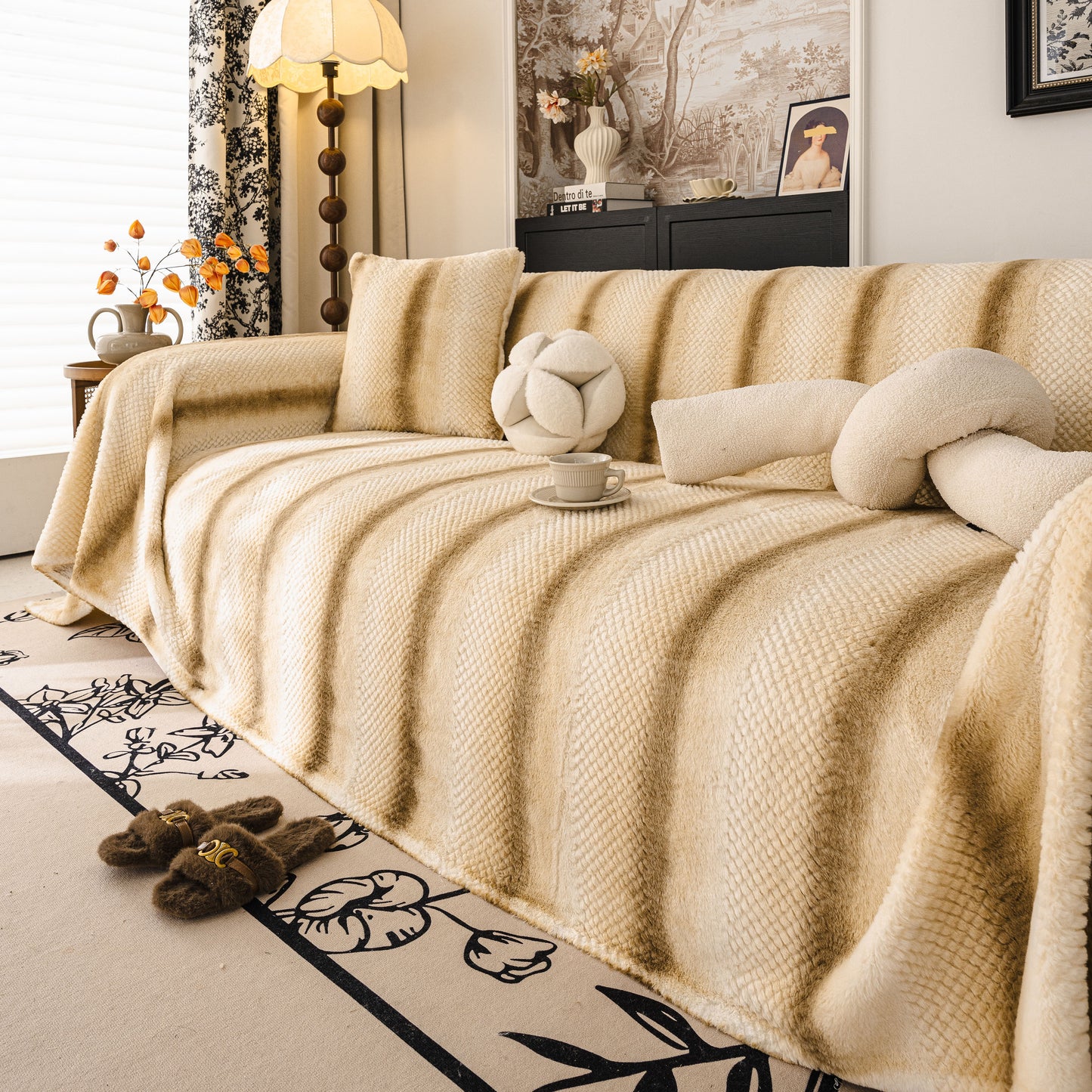 Faux Fur Sofa Cover Washable Furniture Protector for Sectional Warm & Fuzzy Slipcover