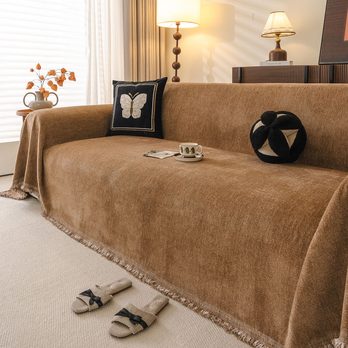 Solid Color Chenille Sofa Throw Cover, Soft Textured Sofa Cover for Sectional L Shape