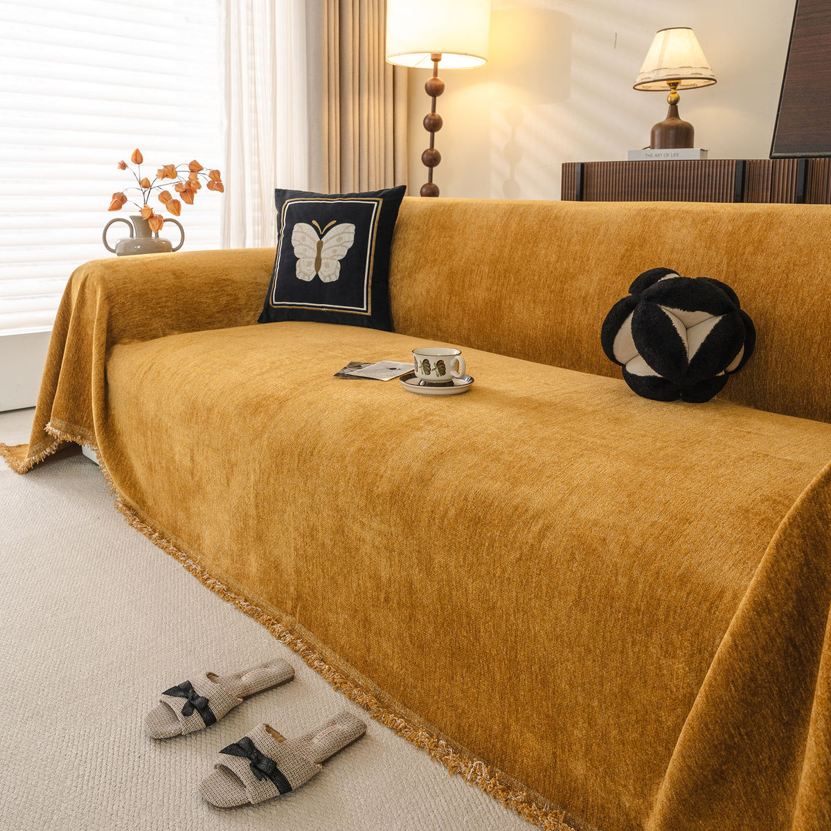 Solid Color Chenille Sofa Throw Cover, Soft Textured Sofa Cover for Sectional L Shape