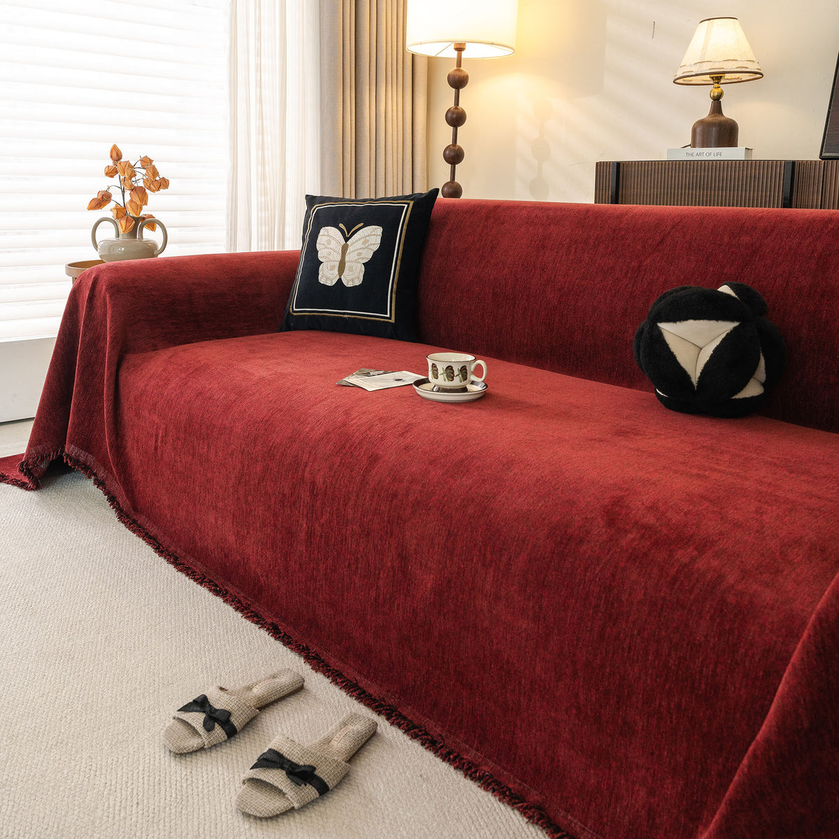 Solid Color Chenille Sofa Throw Cover, Soft Textured Sofa Cover for Sectional L Shape