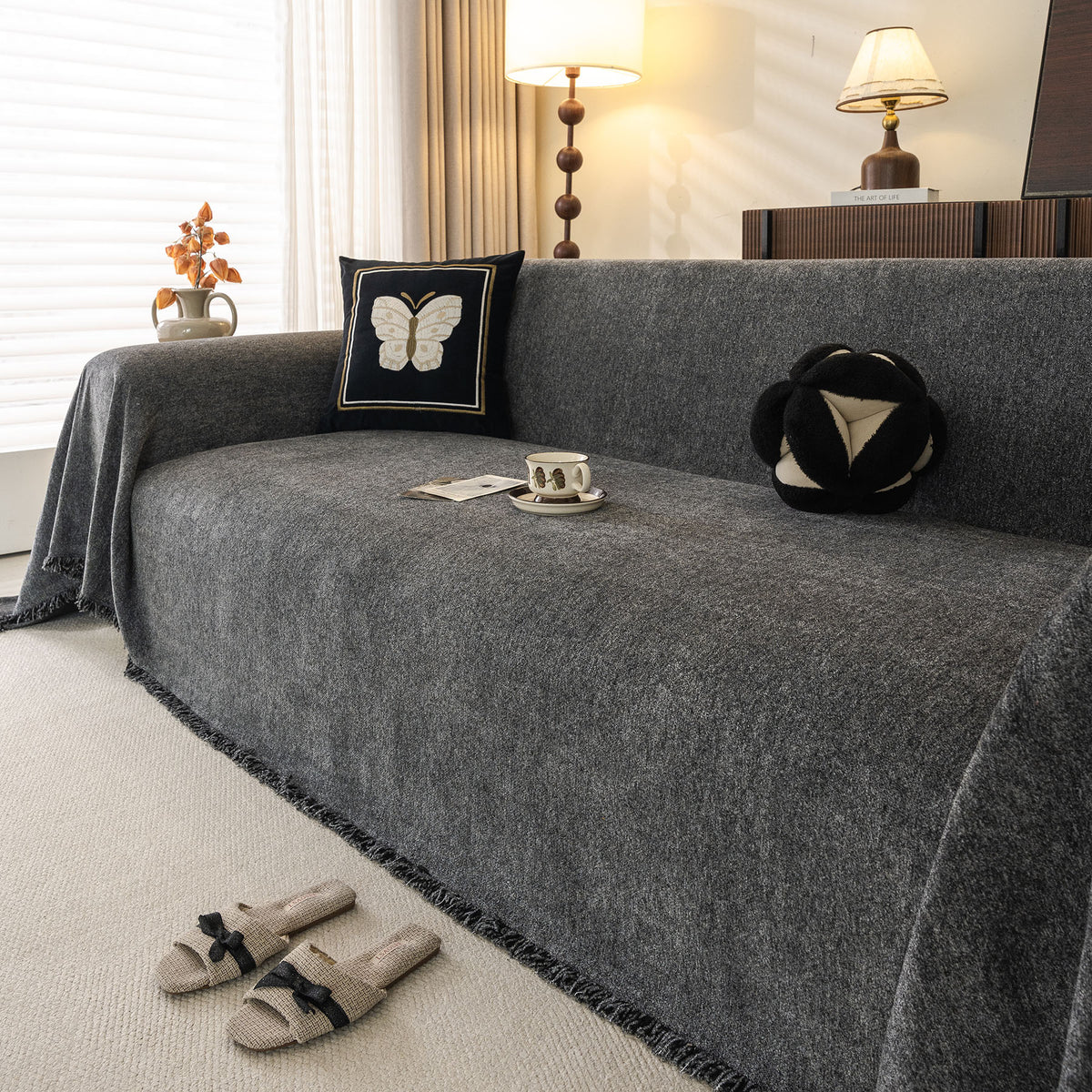 Solid Color Chenille Sofa Throw Cover, Soft Textured Sofa Cover for Sectional L Shape