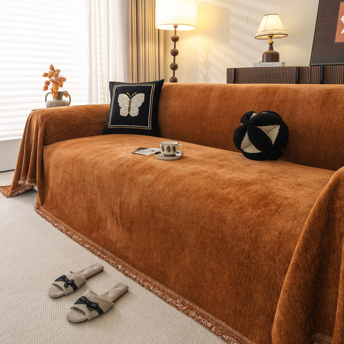 Solid Color Chenille Sofa Throw Cover, Soft Textured Sofa Cover for Sectional L Shape