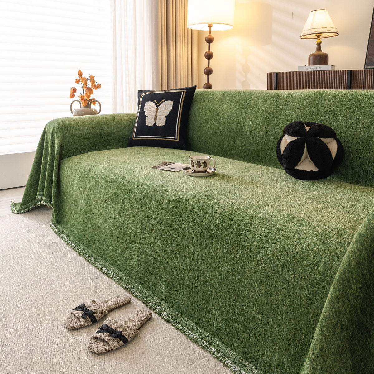 Solid Color Chenille Sofa Throw Cover, Soft Textured Sofa Cover for Sectional L Shape