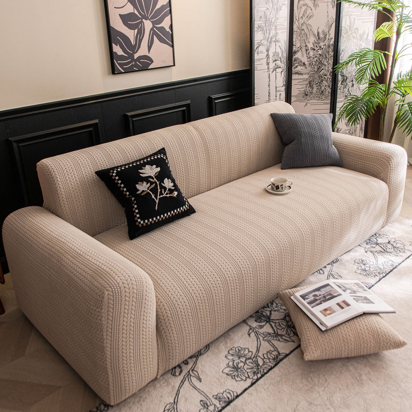 High Stretch Wheat Ear Embossed Textured Couch Slipcover, Water Repellent Sofa Cover