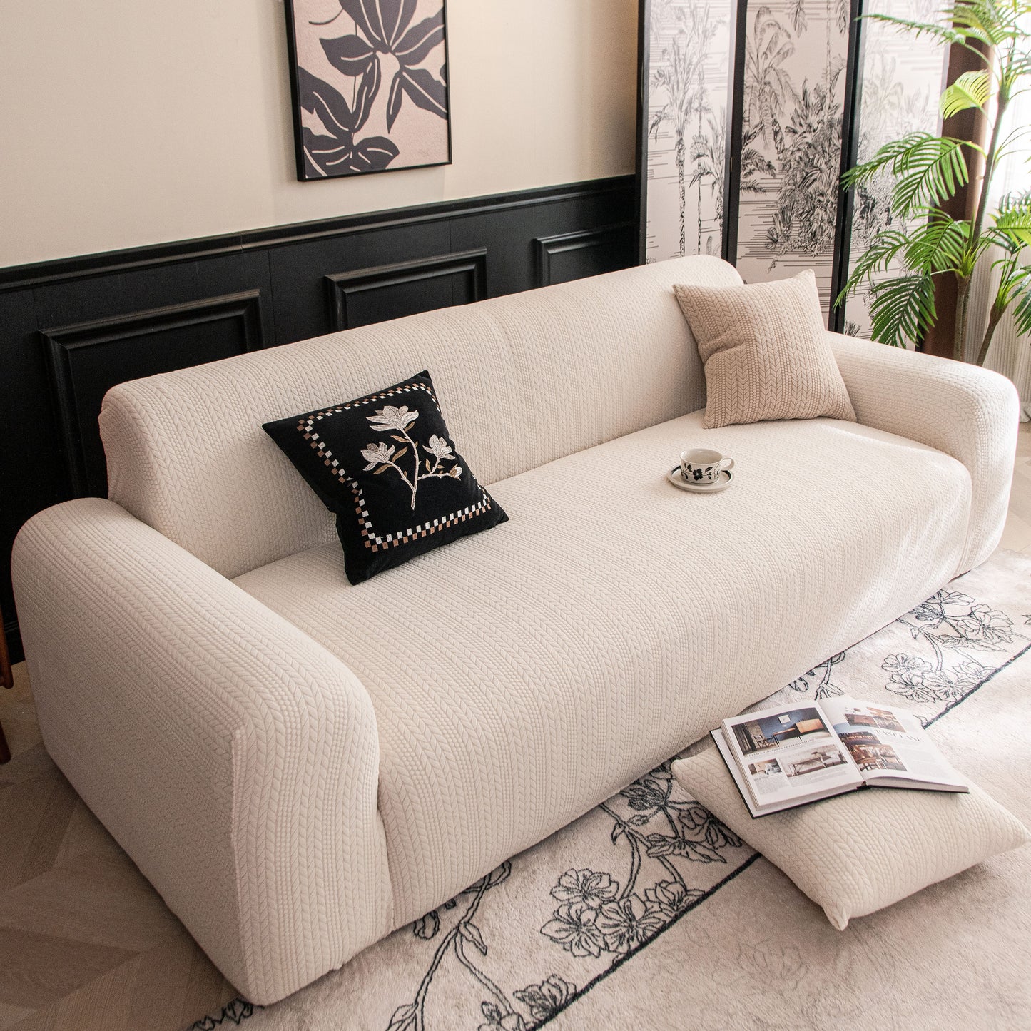 High Stretch Wheat Ear Embossed Textured Couch Slipcover, Water Repellent Sofa Cover