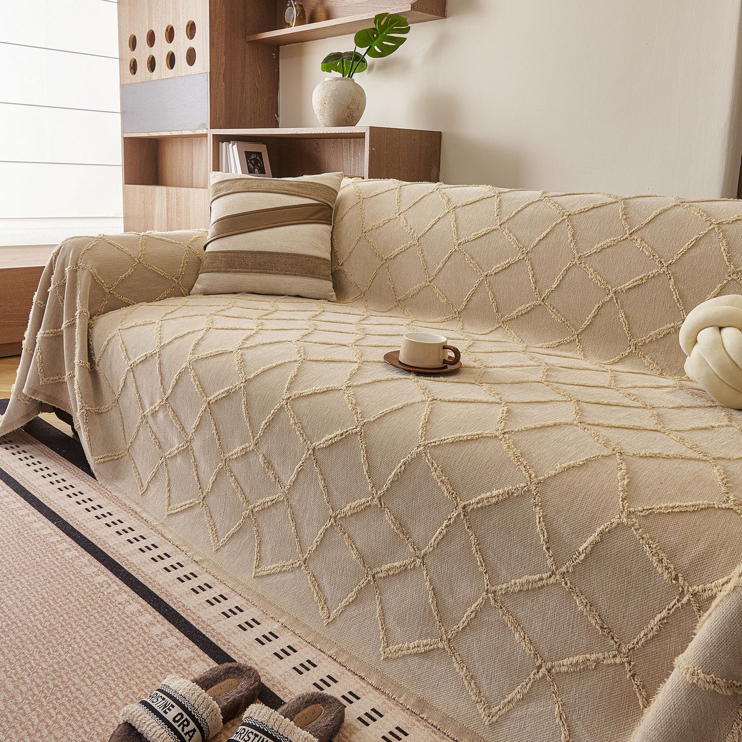 Soft Chenille Sofa Throw Cover, Raised Geometric Texture Furniture Protector Blanket