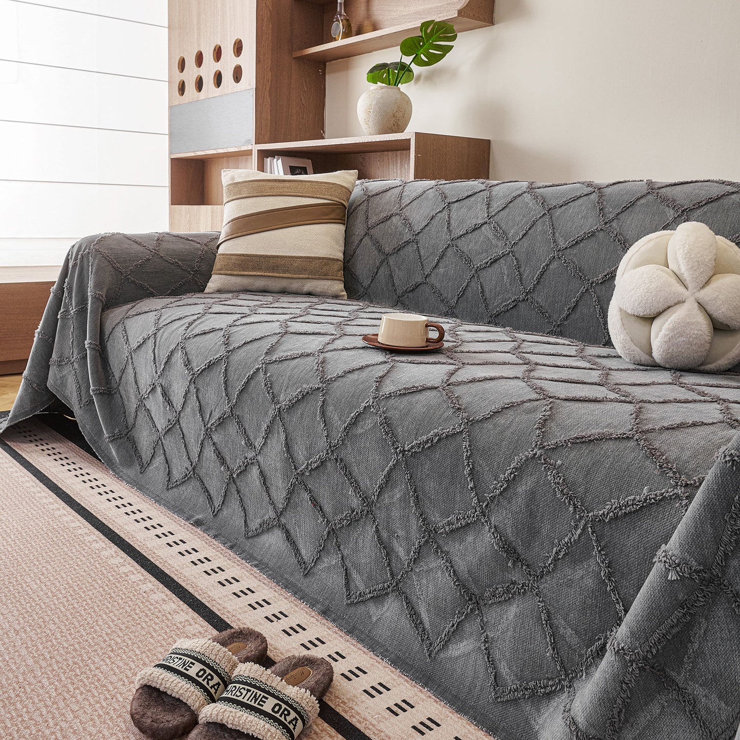 Soft Chenille Sofa Throw Cover, Raised Geometric Texture Furniture Protector Blanket