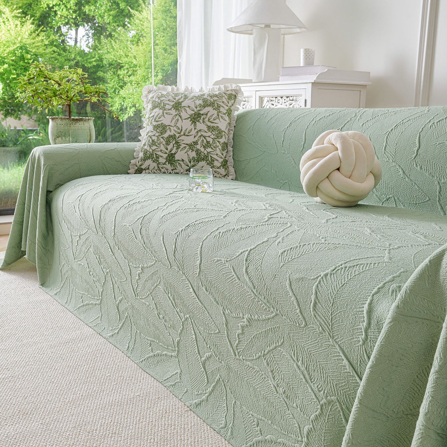 Embossed Leaf Pattern Sofa Cover Blanket for Couch, Soft Cooling Textured Couch Cover