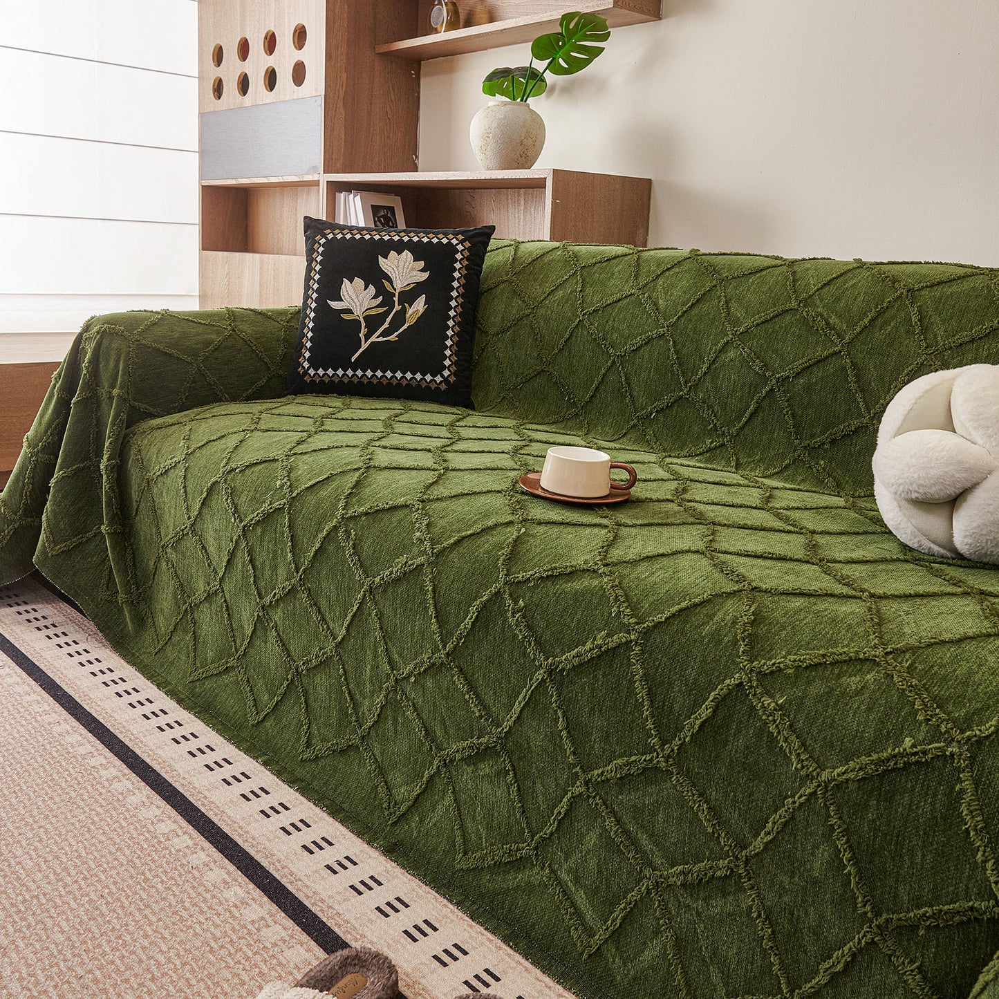Soft Chenille Sofa Throw Cover, Raised Geometric Texture Furniture Protector Blanket