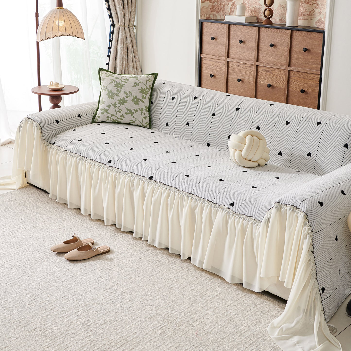 Cottagecore Ruffled Sofa Slipcover, Shabby Chic Couch Protector Cover for Living Room