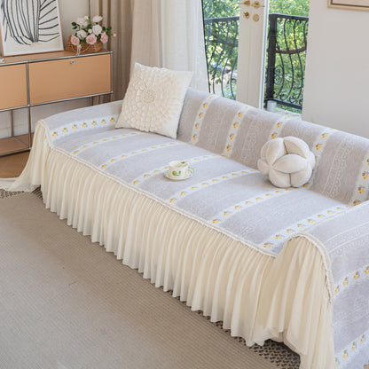 Daisy Striped Sofa Cover with Sheer Ruffle Skirt, Floral Soft Slipcover Blanket