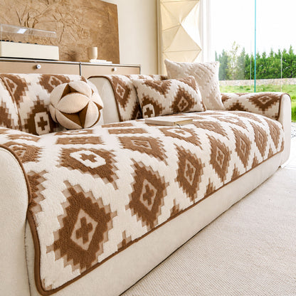 Cozy Thickened Sherpa Sofa Protector, Geometric Non-Slip Couch Cover for Pets & Kids