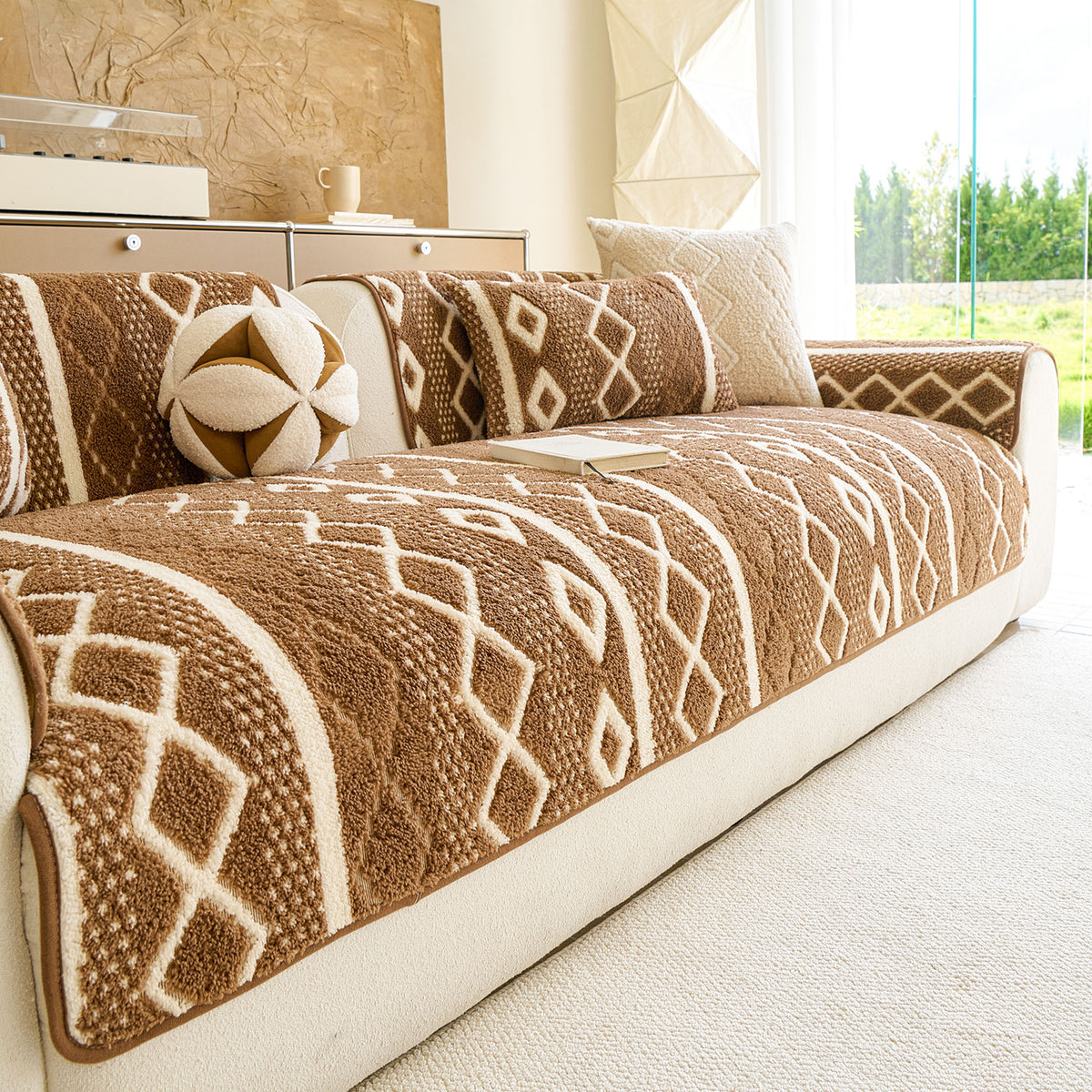 Thickened Plush Sofa Cover, Textured Geometric Couch Protector with Non-Slip Backing