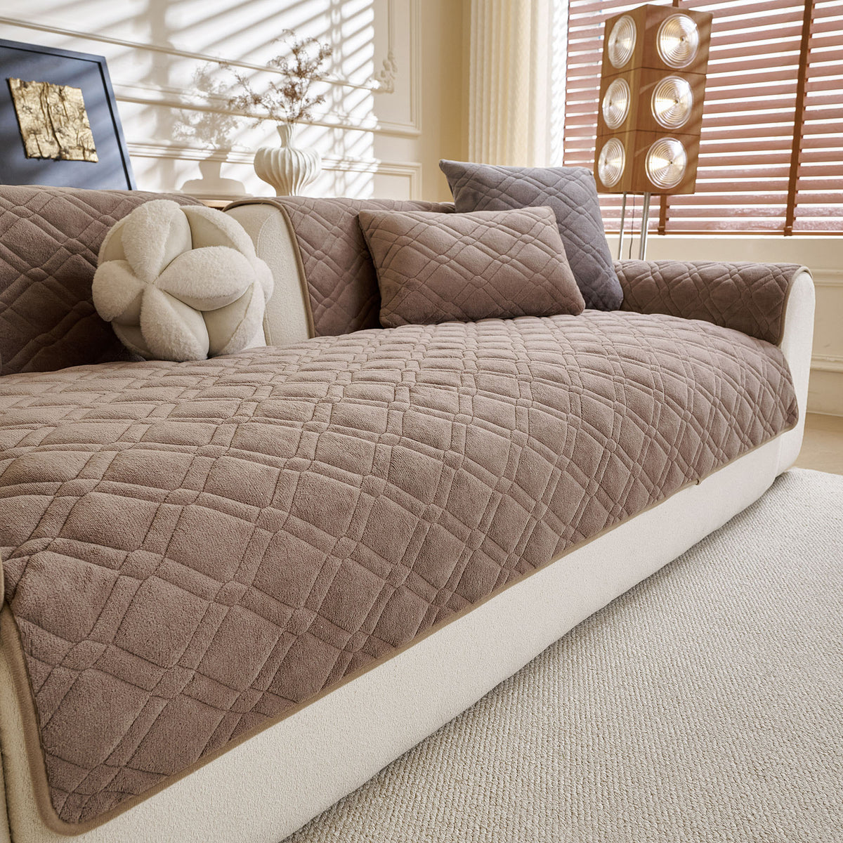 Plush Geometric Quilted Sofa Cover, Non-Slip Padded Couch Protector for Pets & Kids