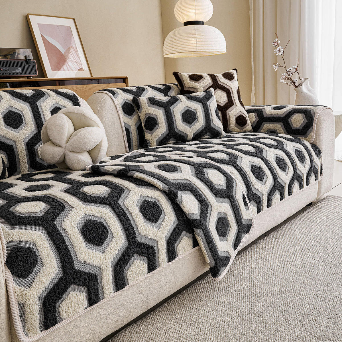 Sherpa Fleece Geometric Sofa Cover, Non-Slip Warm Couch Protector for Pets & Kids