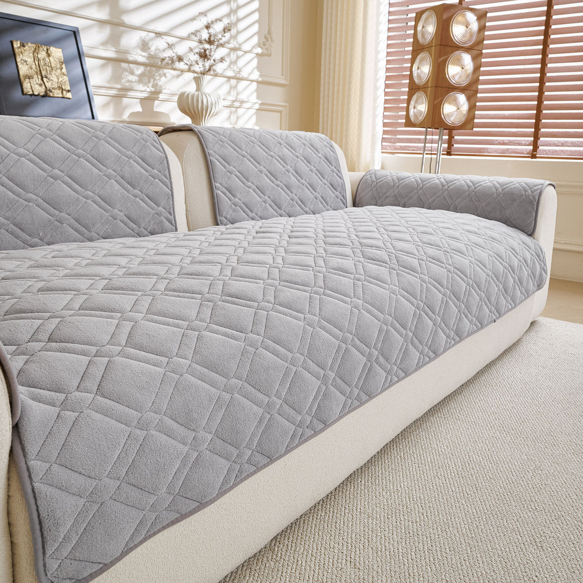 Plush Geometric Quilted Sofa Cover, Non-Slip Padded Couch Protector for Pets & Kids