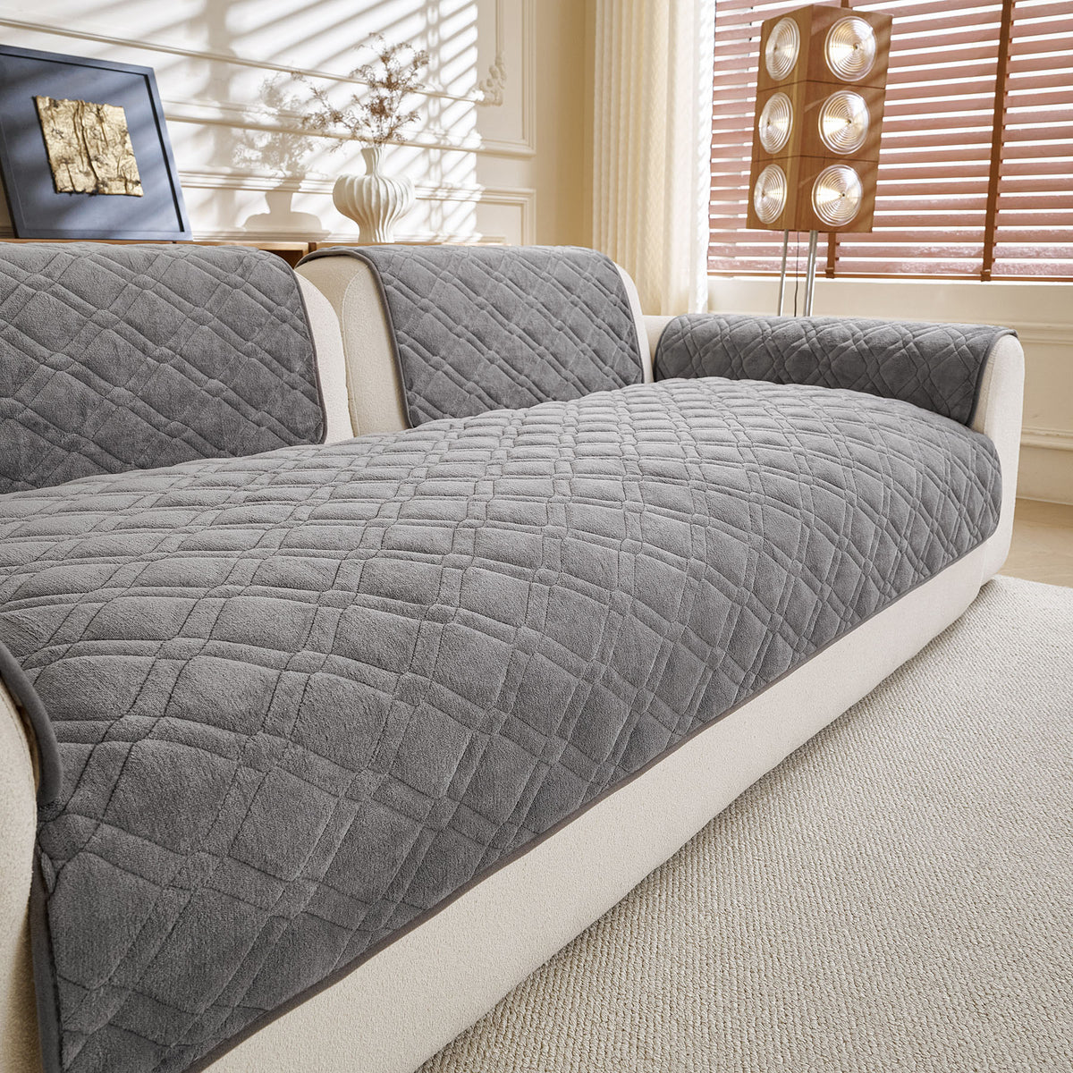 Plush Geometric Quilted Sofa Cover, Non-Slip Padded Couch Protector for Pets & Kids