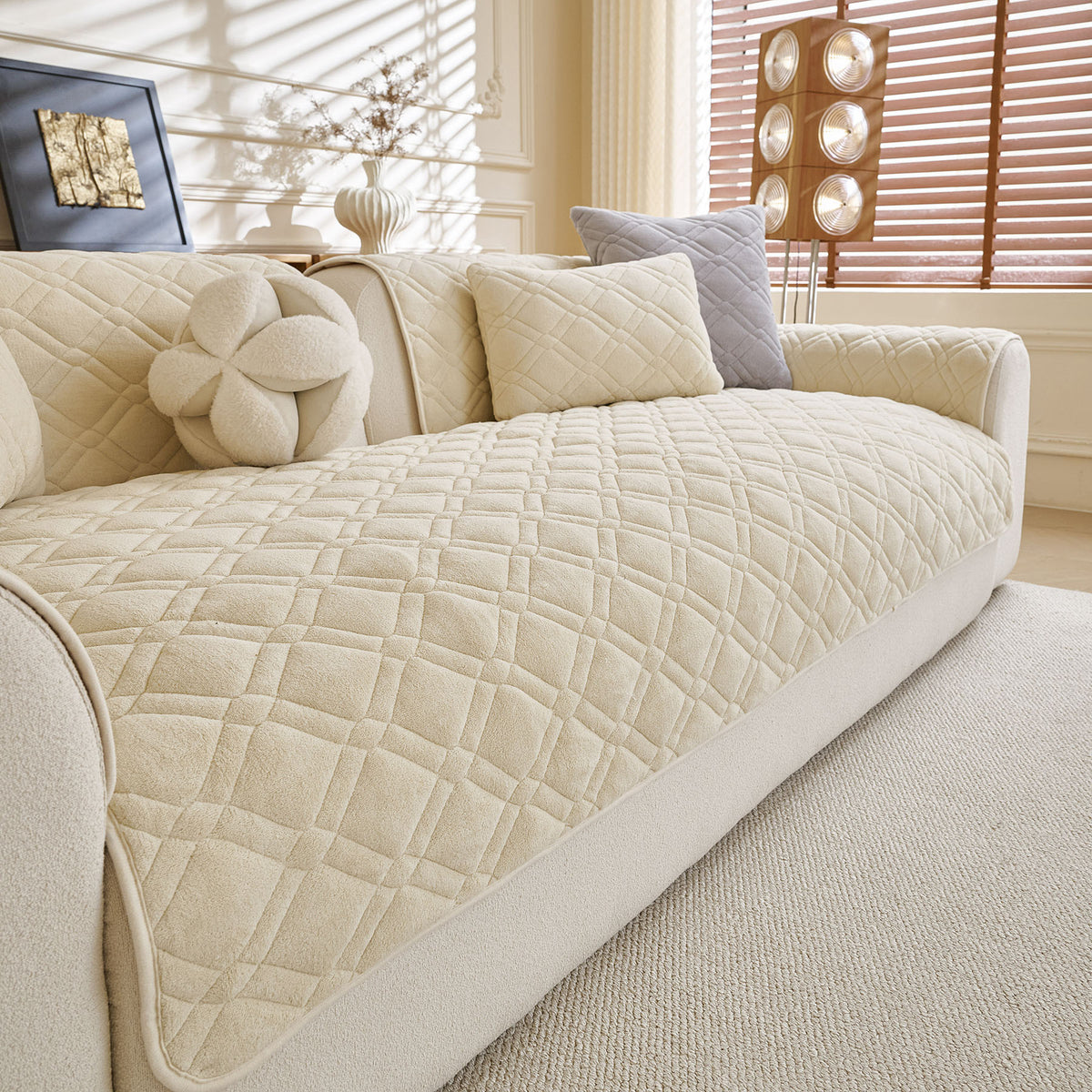 Plush Geometric Quilted Sofa Cover, Non-Slip Padded Couch Protector for Pets & Kids