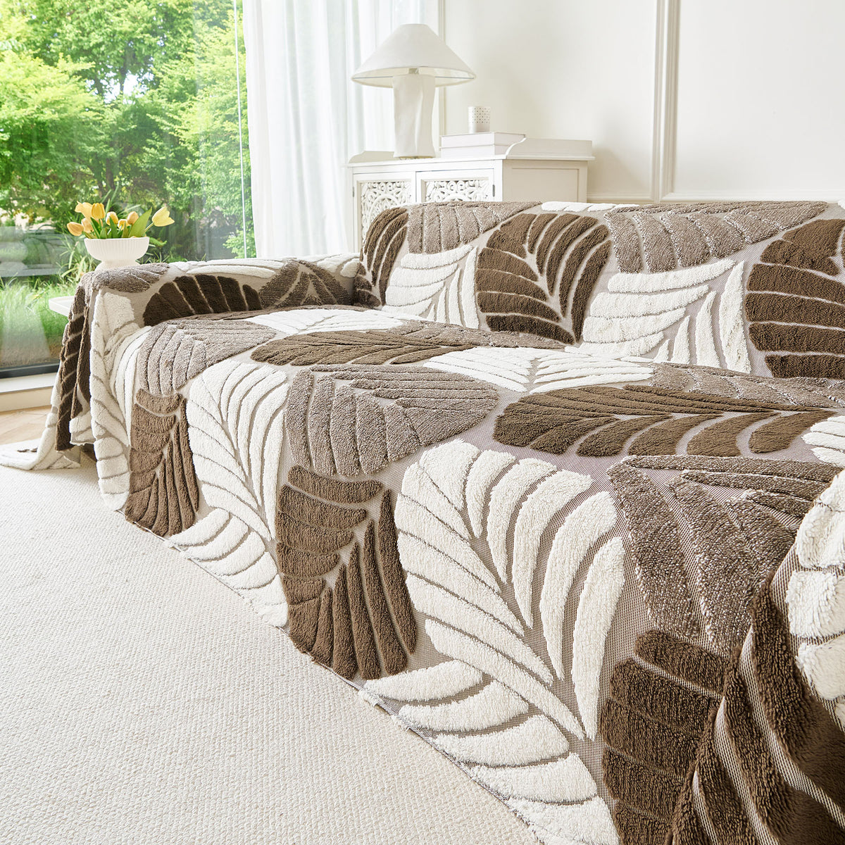 Plush Fleece Leaf Pattern Sofa Throw Cover, Soft Couch Protector Couch Cover Blanket