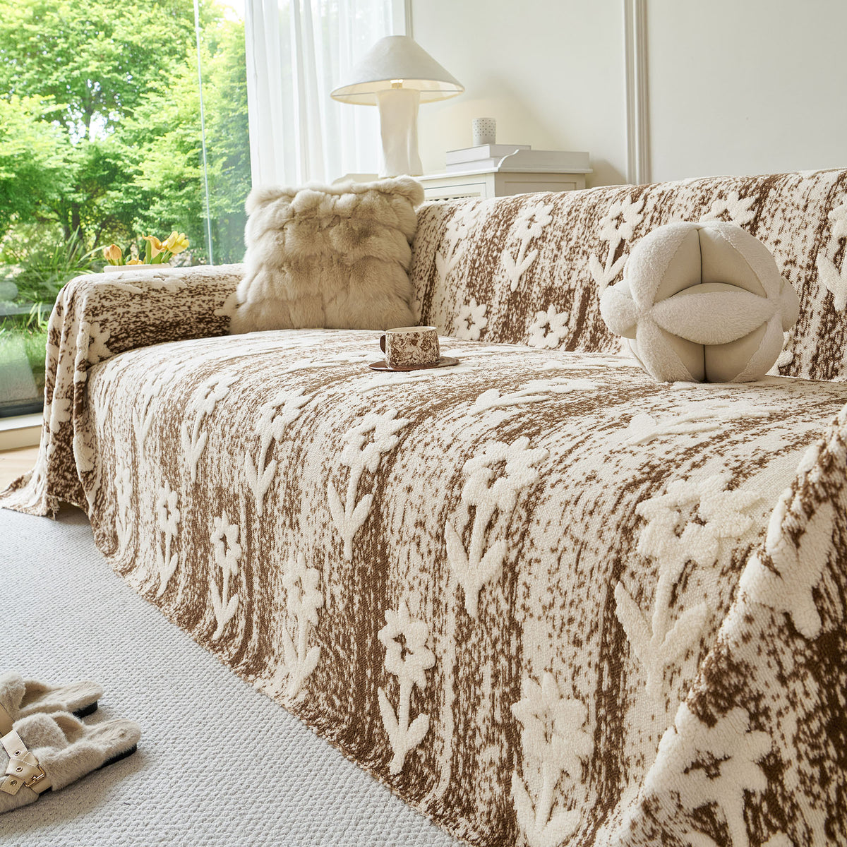 Floral Plush Fleece Sofa Throw Cover, Soft Warm Couch Protector Slip Cover for Couch
