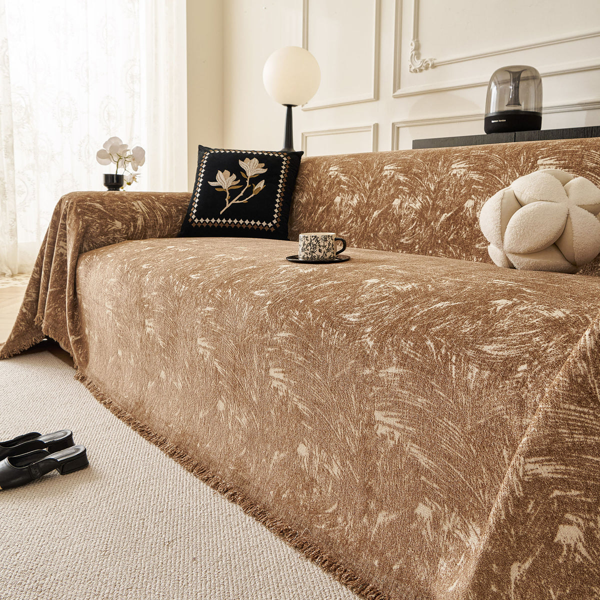 Abstract Feather Chenille Sofa Throw Cover, Decorative Washable Durable Couch Cover