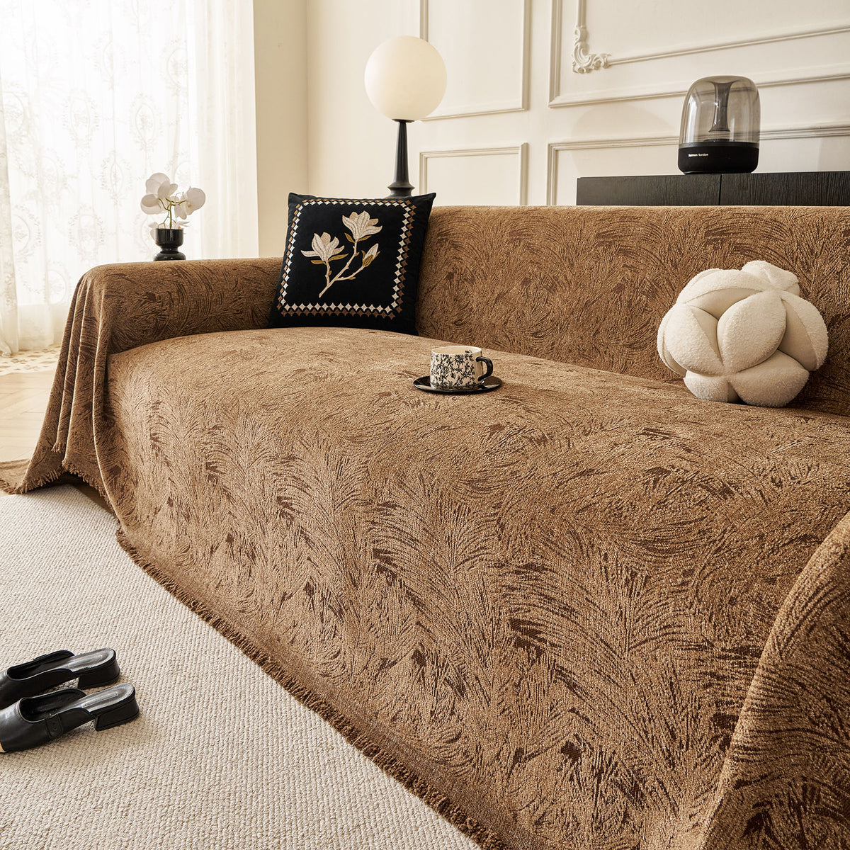 Abstract Feather Chenille Sofa Throw Cover, Decorative Washable Durable Couch Cover