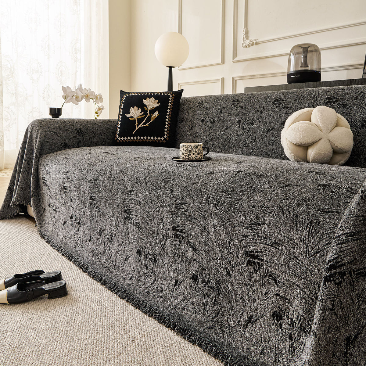 Abstract Feather Chenille Sofa Throw Cover, Decorative Washable Durable Couch Cover