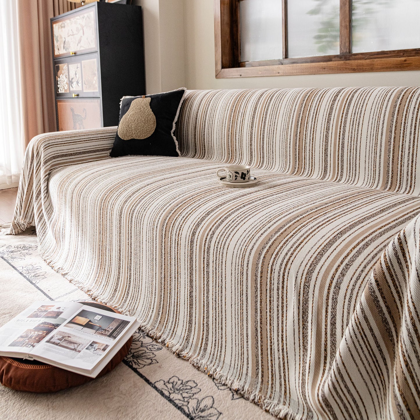 Luxury Cozy Chenille Sofa Cover Throw, Elegant Striped Soft Textured Couch Blanket
