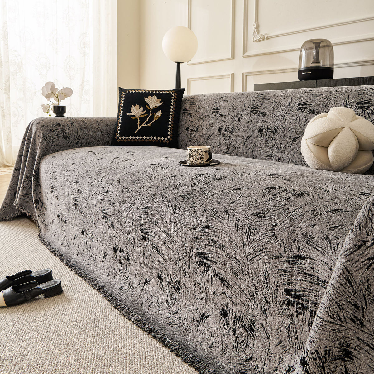 Abstract Feather Chenille Sofa Throw Cover, Decorative Washable Durable Couch Cover