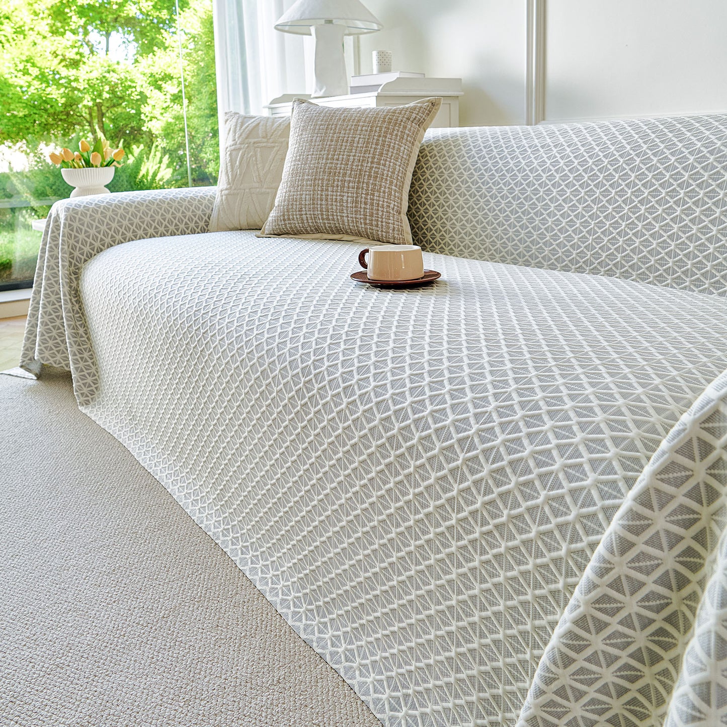 Fresh Geometric Sofa Throw Cover, Modern Textured Breathable Couch Protector Blanket