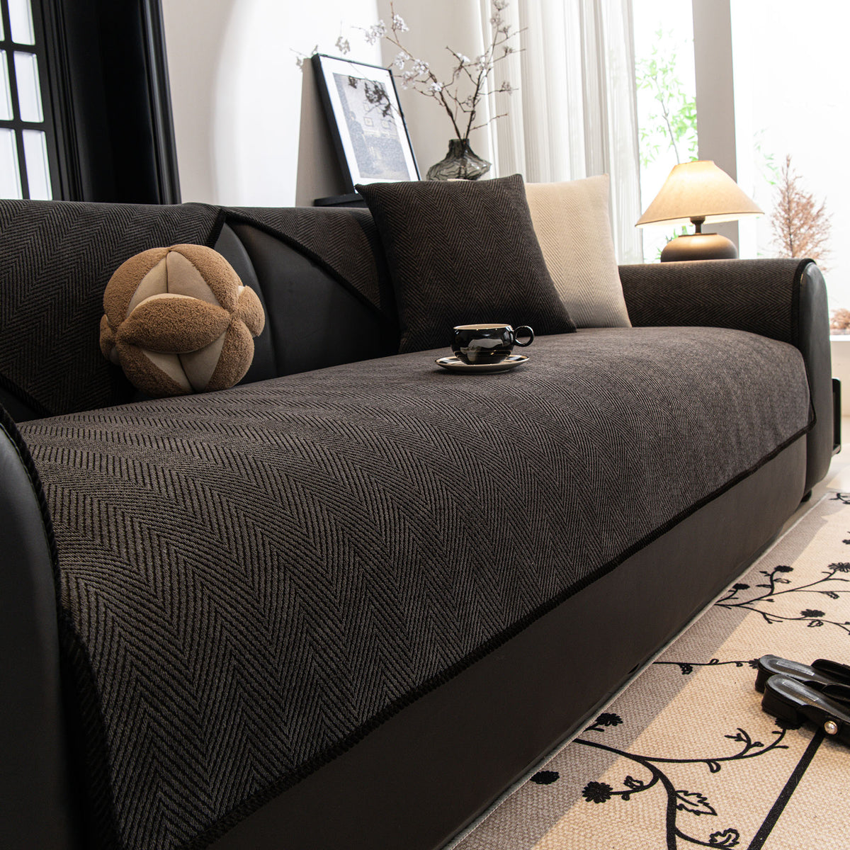 Chevron Textured Chenille Sofa Cover, Non-Slip Furniture Protector for Pets, Kids