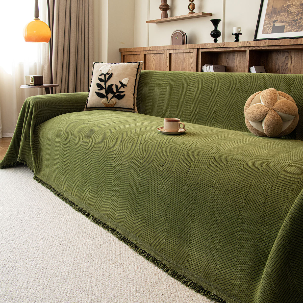 Oversized Classic Textured Herringbone Sofa Throw Cover, Raised Woven Couch Protector