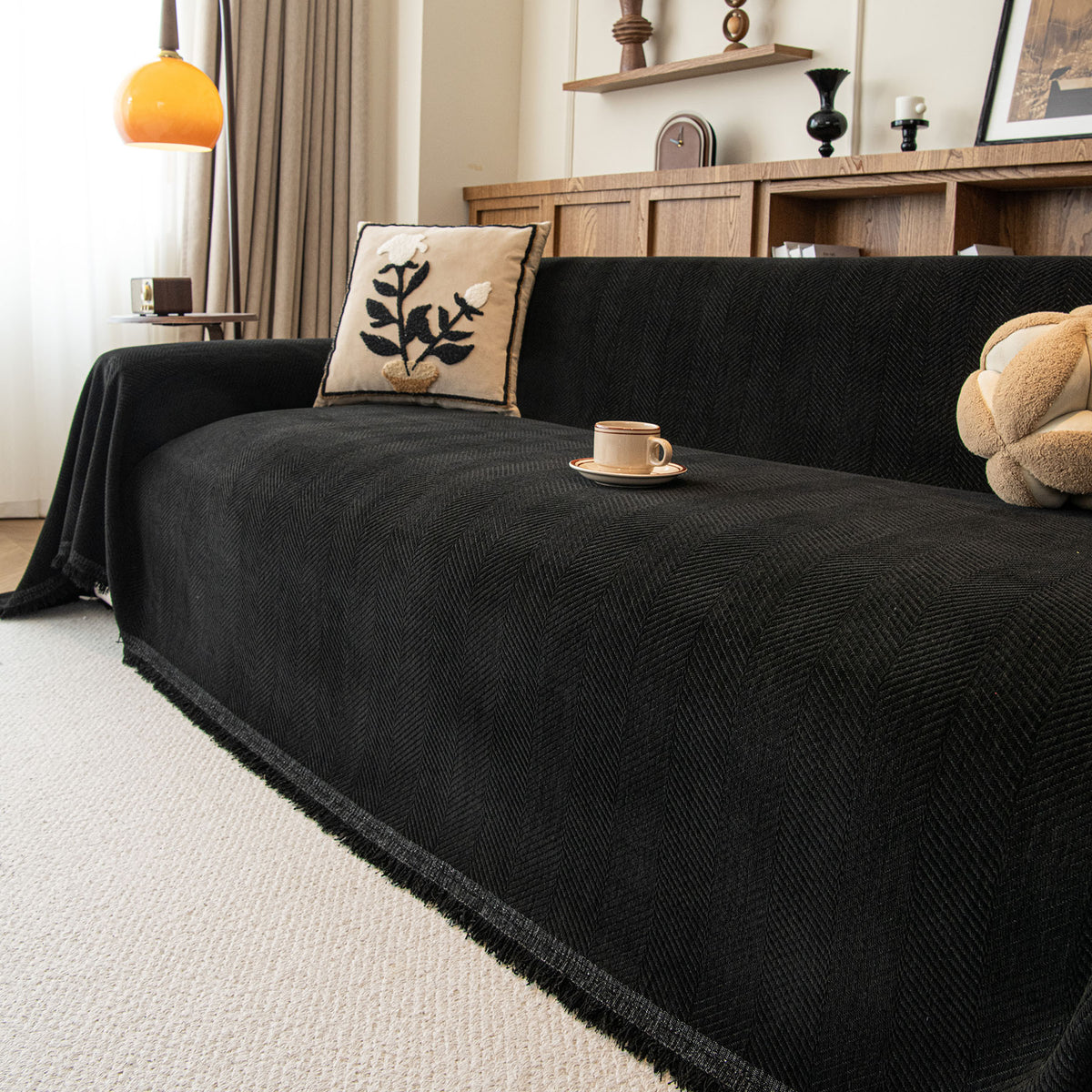 Oversized Classic Textured Herringbone Sofa Throw Cover, Raised Woven Couch Protector