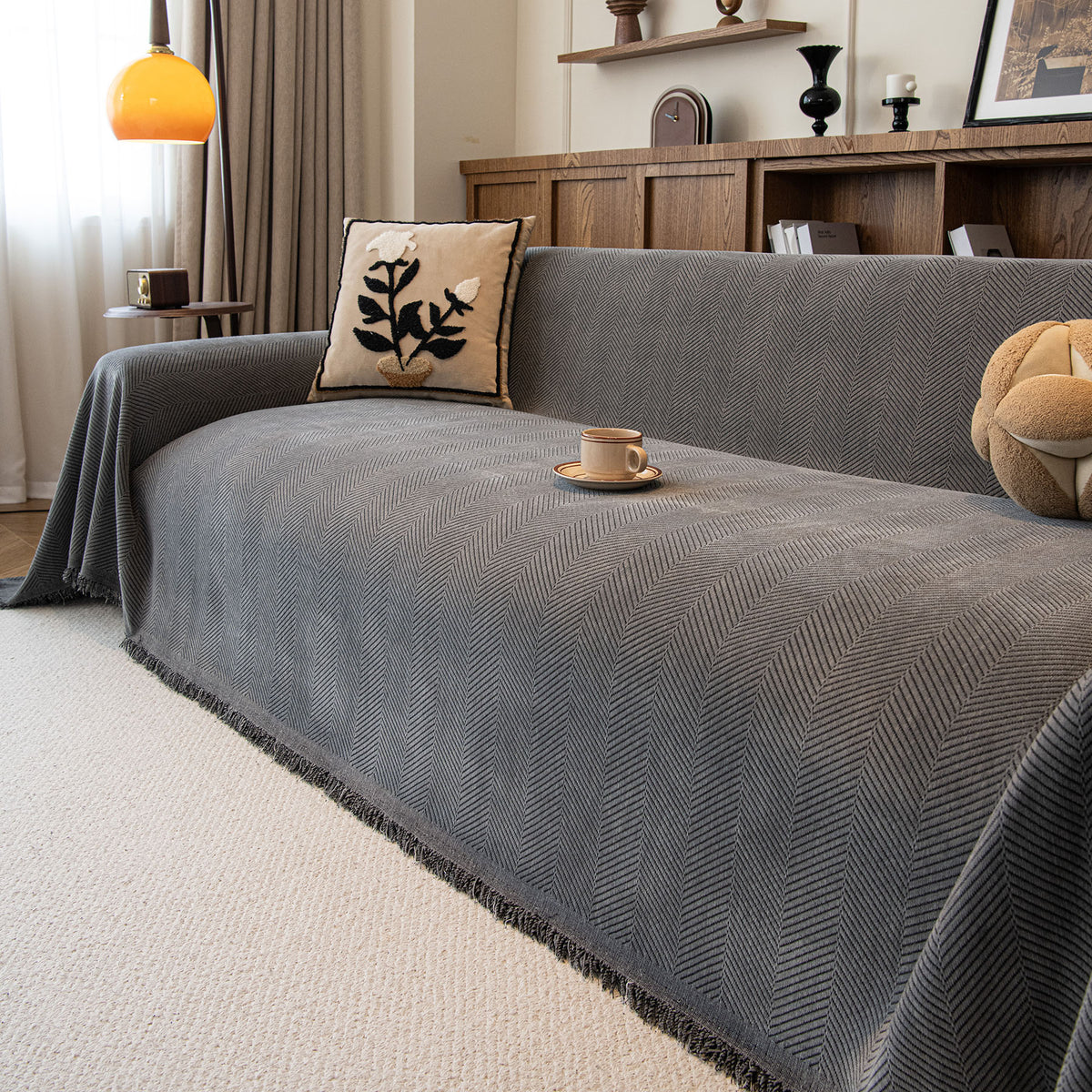 Oversized Classic Textured Herringbone Sofa Throw Cover, Raised Woven Couch Protector