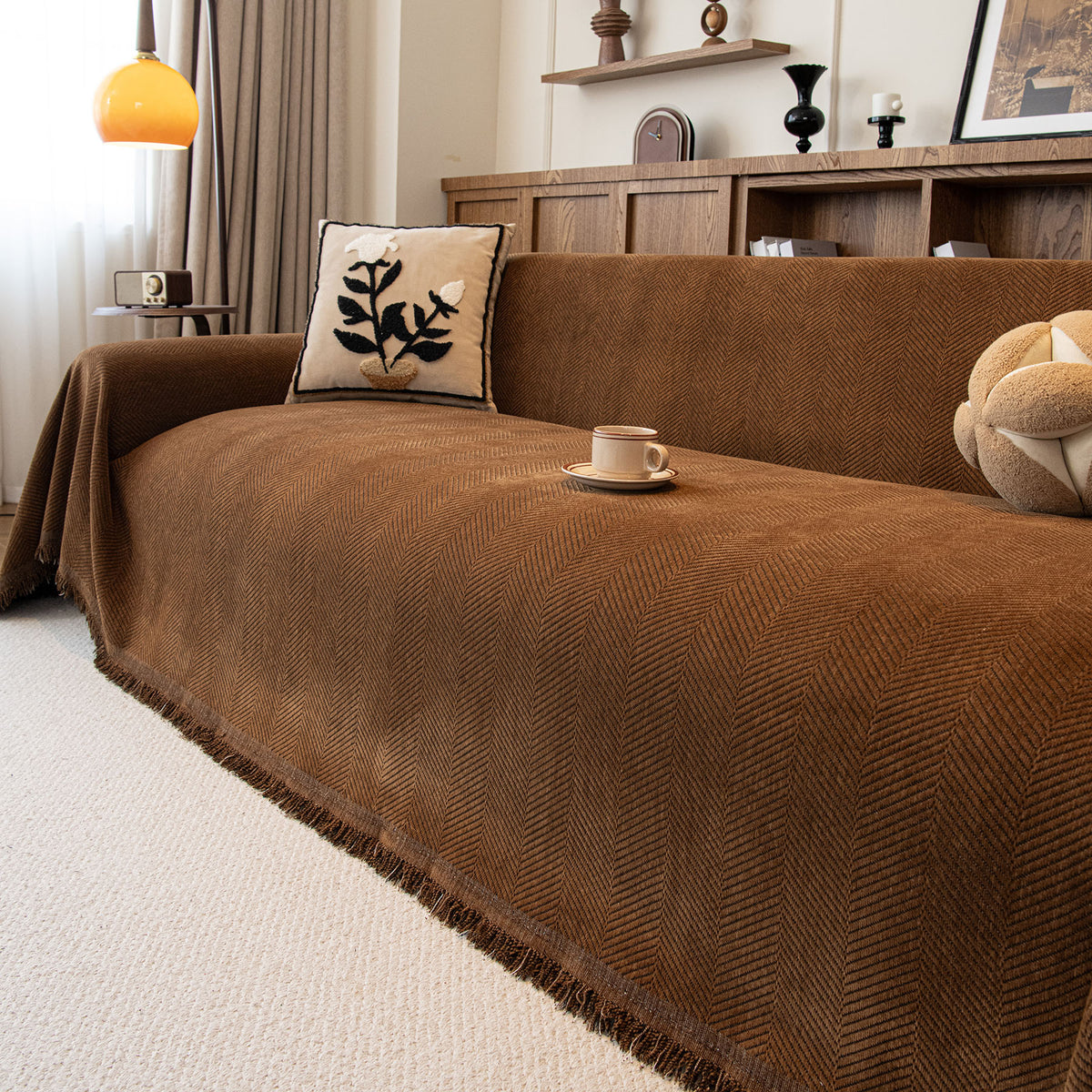 Oversized Classic Textured Herringbone Sofa Throw Cover, Raised Woven Couch Protector