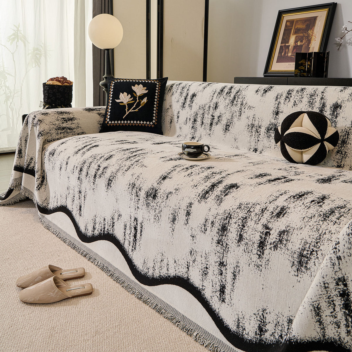 Oversized Abstract Brushstroke Sofa Throw Cover, Woven L Shaped Sectional Couch Cover