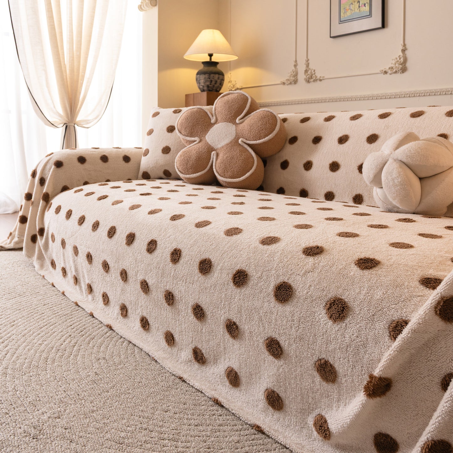 Plush Fleece Sofa Cover Throw, Soft Textured Polka Dot Couch Protector Blanket for Pets