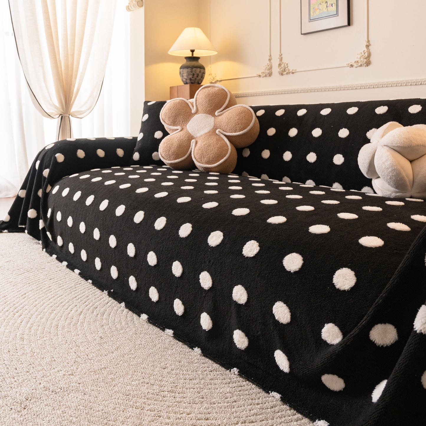 Plush Fleece Sofa Cover Throw, Soft Textured Polka Dot Couch Protector Blanket for Pets